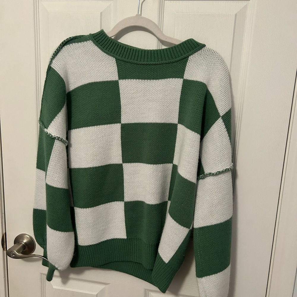 SHEIN Green and White Checkered Sweater